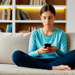 A focused adult woman, dressed in a comfortable yet modest long-sleeved top and trousers, sits cross-legged on a plush sofa in a cozy, sunlit living room. She holds a modern smartphone, intently gazing at its screen where a colorful, abstract match-3 puzzle game interface is visible. Her expression conveys deep concentration and strategic thought, with her fingers poised for the next move. The background features a blurred bookshelf and a warm, inviting atmosphere. perfect anatomy, correct proportions, natural pose, well-formed hands, proper finger count, natural body proportions, fully clothed, appropriate attire, modest clothing, professional photography, soft lighting, high detail, ultra realistic, safe for work, appropriate content, family-friendly.