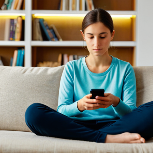 Home 7 A focused adult woman, dressed in a comfortable yet modest long-sleeved top and trousers, sits cross-legged on a plush sofa in a cozy, sunlit living room. She holds a modern smartphone, intently gazing at its screen where a colorful, abstract match-3 puzzle game interface is visible. Her expression conveys deep concentration and strategic thought, with her fingers poised for the next move. The background features a blurred bookshelf and a warm, inviting atmosphere. perfect anatomy, correct proportions, natural pose, well-formed hands, proper finger count, natural body proportions, fully clothed, appropriate attire, modest clothing, professional photography, soft lighting, high detail, ultra realistic, safe for work, appropriate content, family-friendly.