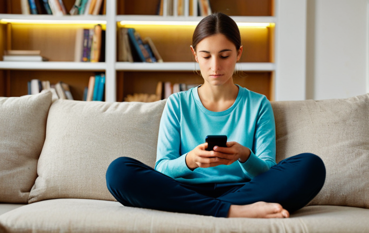 A focused adult woman, dressed in a comfortable yet modest long-sleeved top and trousers, sits cross-legged on a plush sofa in a cozy, sunlit living room. She holds a modern smartphone, intently gazing at its screen where a colorful, abstract match-3 puzzle game interface is visible. Her expression conveys deep concentration and strategic thought, with her fingers poised for the next move. The background features a blurred bookshelf and a warm, inviting atmosphere. perfect anatomy, correct proportions, natural pose, well-formed hands, proper finger count, natural body proportions, fully clothed, appropriate attire, modest clothing, professional photography, soft lighting, high detail, ultra realistic, safe for work, appropriate content, family-friendly.